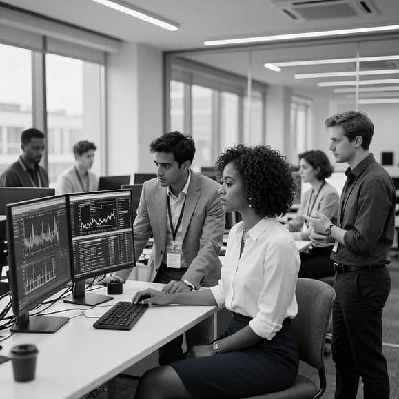 Quantitative analysts reviewing market data